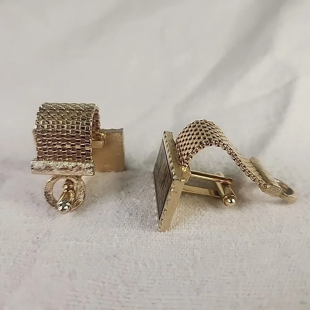 Cufflinks Dante Gold Tone Mesh Strap Flaming Mirror Mens Jewelry RARE Vintage